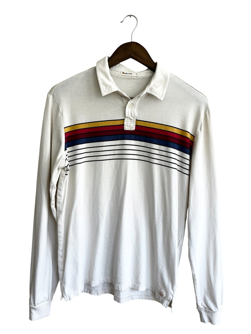Marine Layer Men's Mens Stripe Striped Graphic Long Sleeve Polo Shirt Cream S